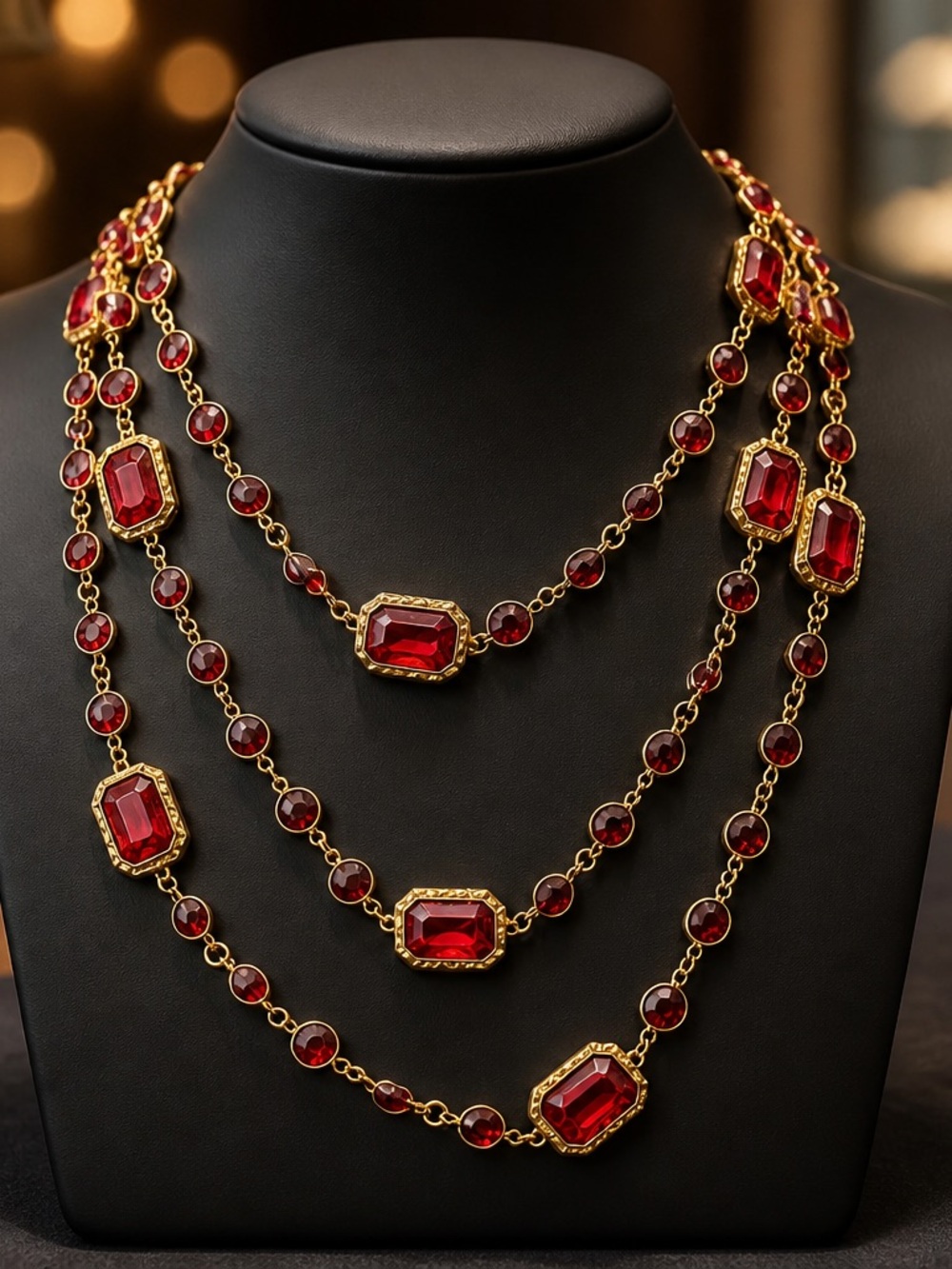 Gold-Plated Multi-Strand Necklace with Deep Red Gemstones -